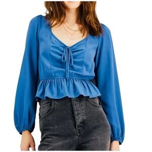 Kingston Gray juniors sweetheart neck ruffled hem Blue Crop Top